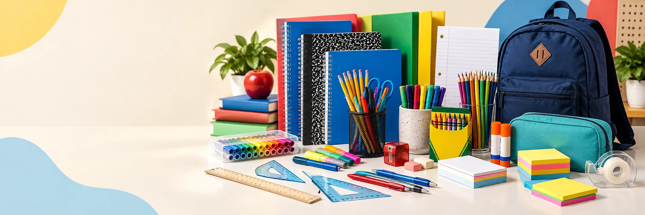 Colorful assortment of notebooks, paper, pencils, markers, crayons, rulers, scissors, glue, sticky notes, pencil cases and a backpack