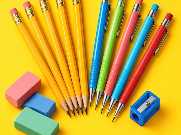 Yellow and colorful mechanical pencils with erasers and a sharpener