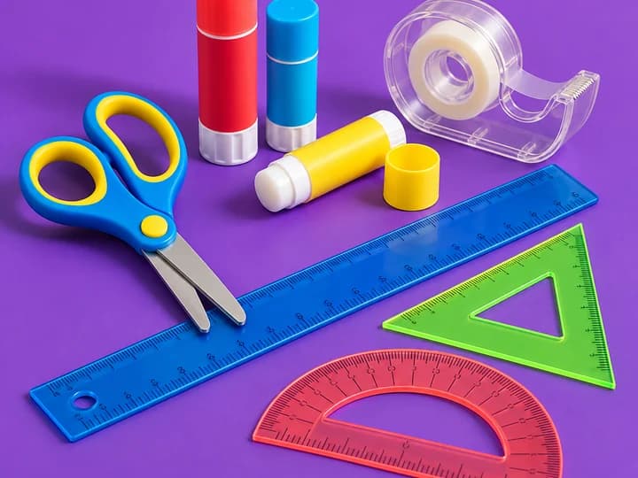 Scissors, glue, tape, rulers and geometry tools