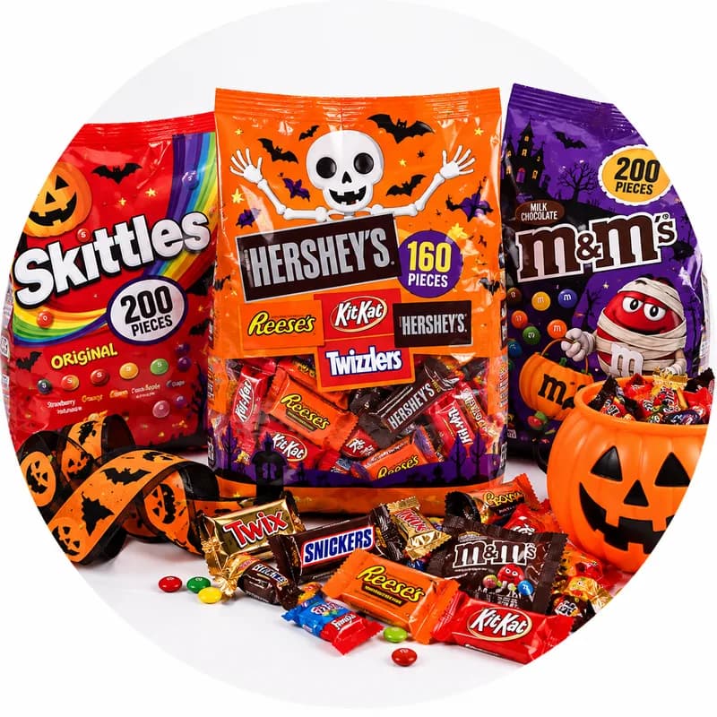 Bags of Halloween candy with a pumpkin bucket