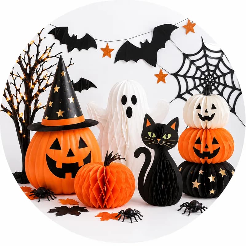 Honeycomb pumpkins, a paper ghost, a black cat, bats, and a spiderweb
