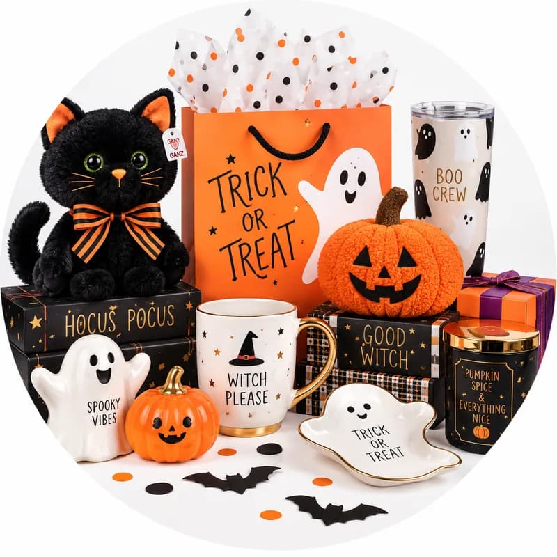 A black cat plush, Halloween mugs, a gift bag, and a candle