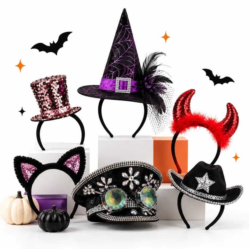 Costume headbands with a witch hat, sequin top hat, devil horns, and cat ears