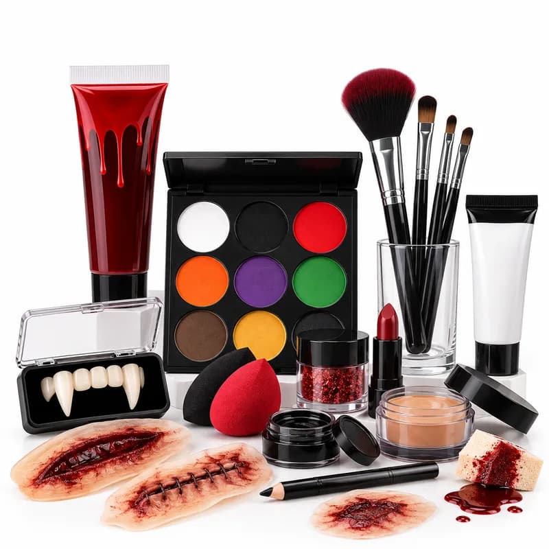 Face paint palette, brushes, fake blood, vampire fangs, and prosthetic wounds