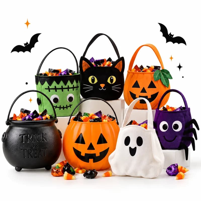 Trick-or-treat buckets shaped like a pumpkin, black cat, ghost, spider, and cauldron, filled with candy