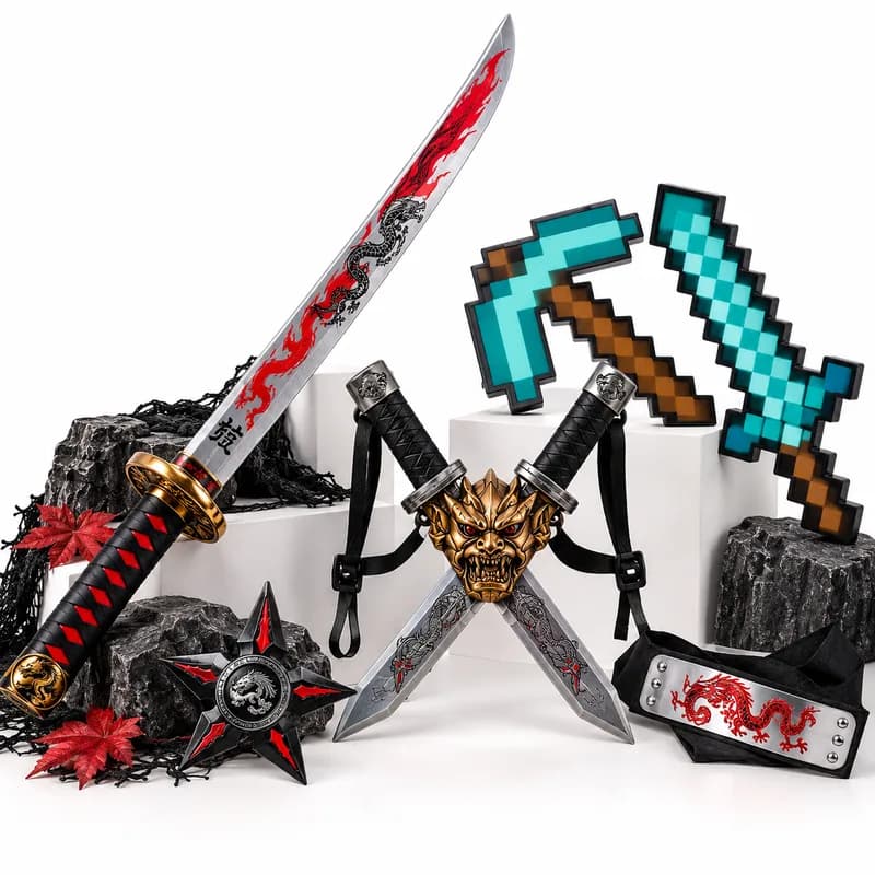 Toy katana, ninja daggers, throwing star, and pixel pickaxe and sword