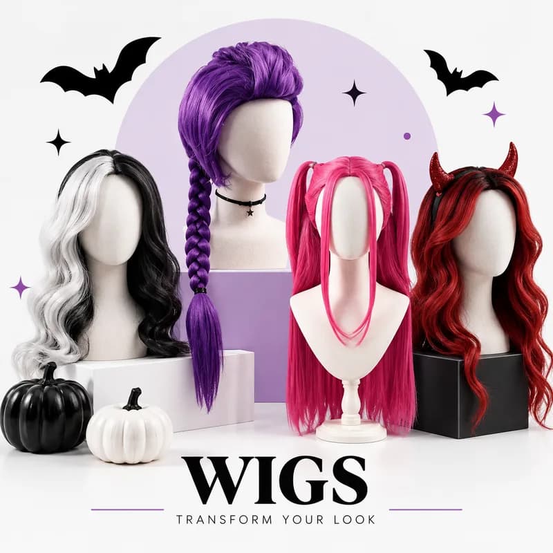 Costume wigs in purple, pink, red, and black and white on mannequin heads