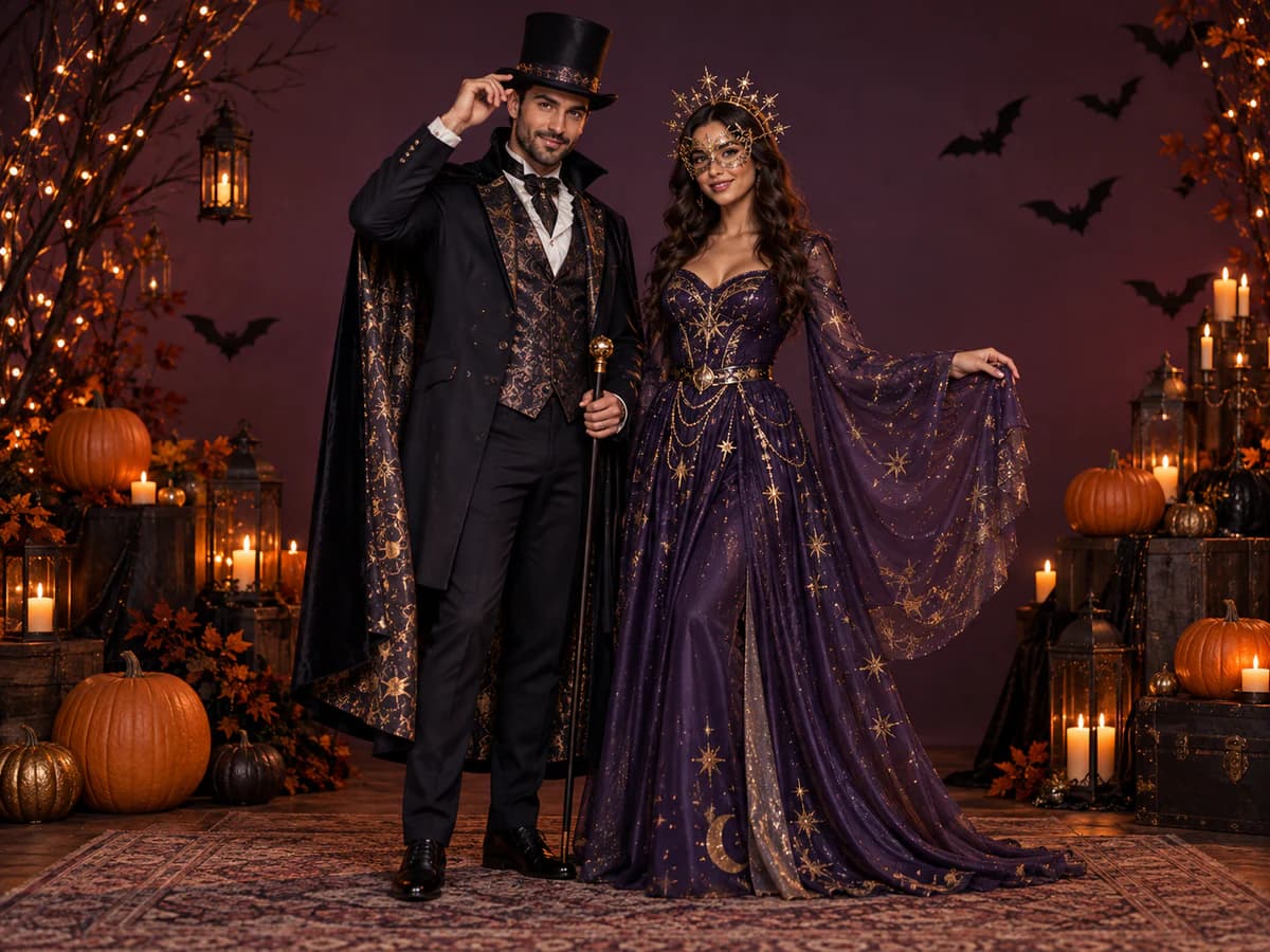 Adult man and woman wearing coordinated Halloween costumes