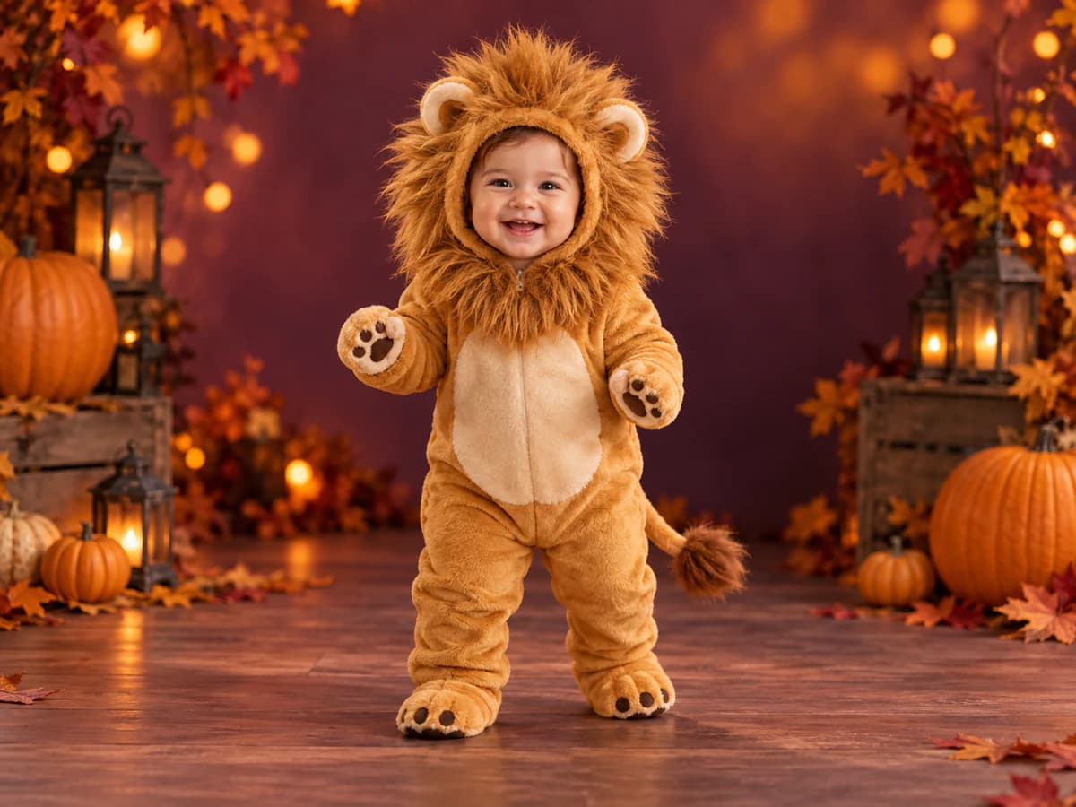 Baby wearing a plush lion Halloween costume