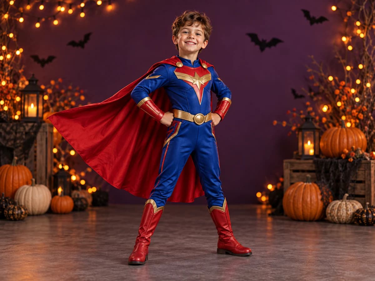 Boy wearing a blue and red superhero Halloween costume