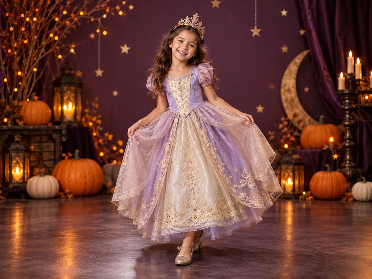Girl wearing a lavender princess Halloween costume