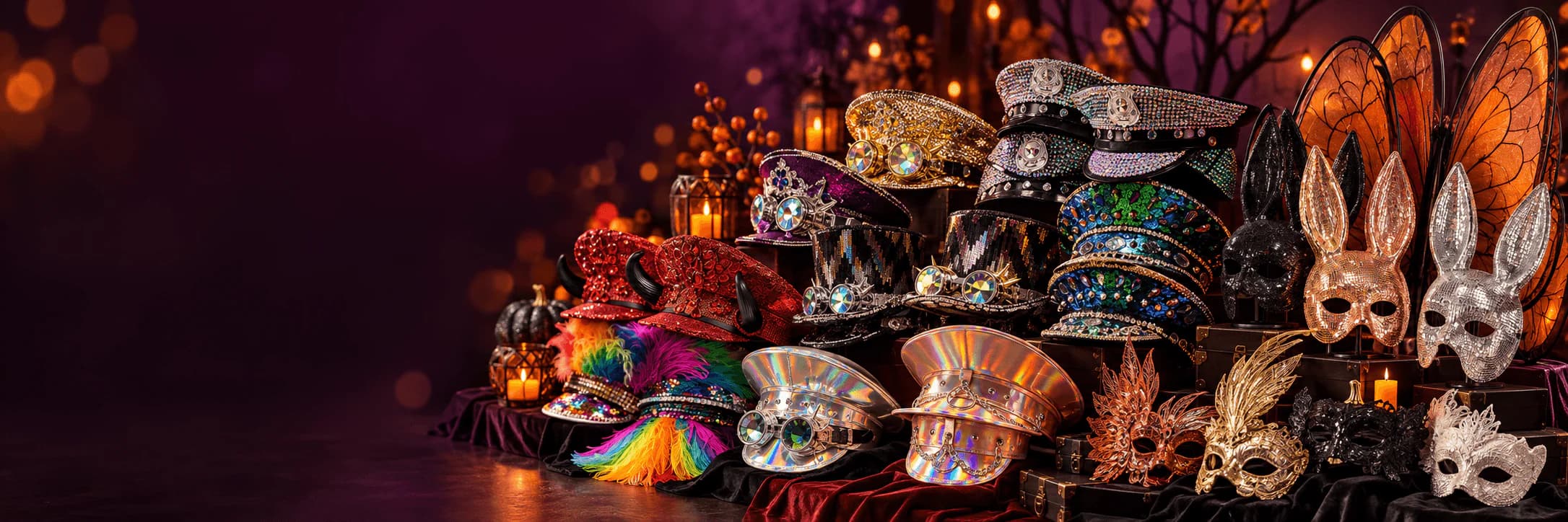 Jeweled costume hats, masquerade masks and orange butterfly wings from the store