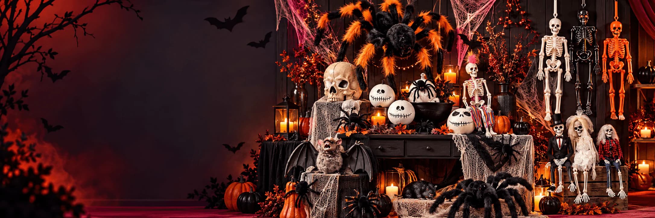 Halloween skeletons, spiders, skull decorations and party props from the store