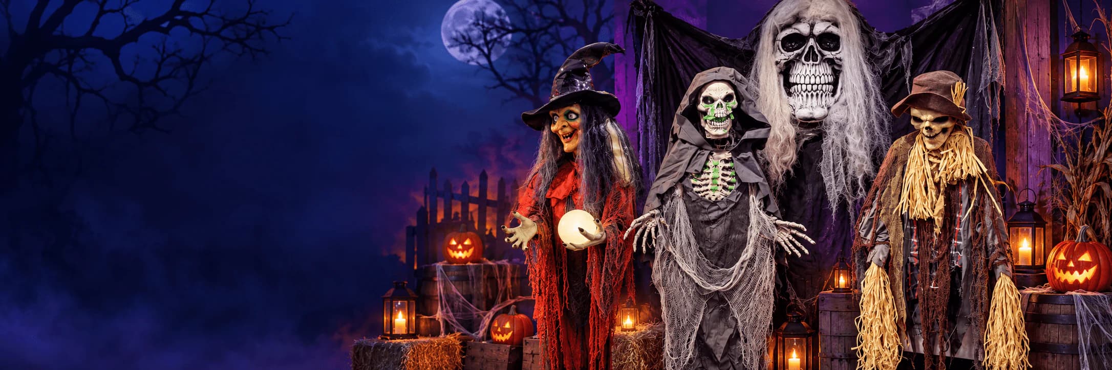 Witch, grim reaper and scarecrow Halloween props inspired by the store display