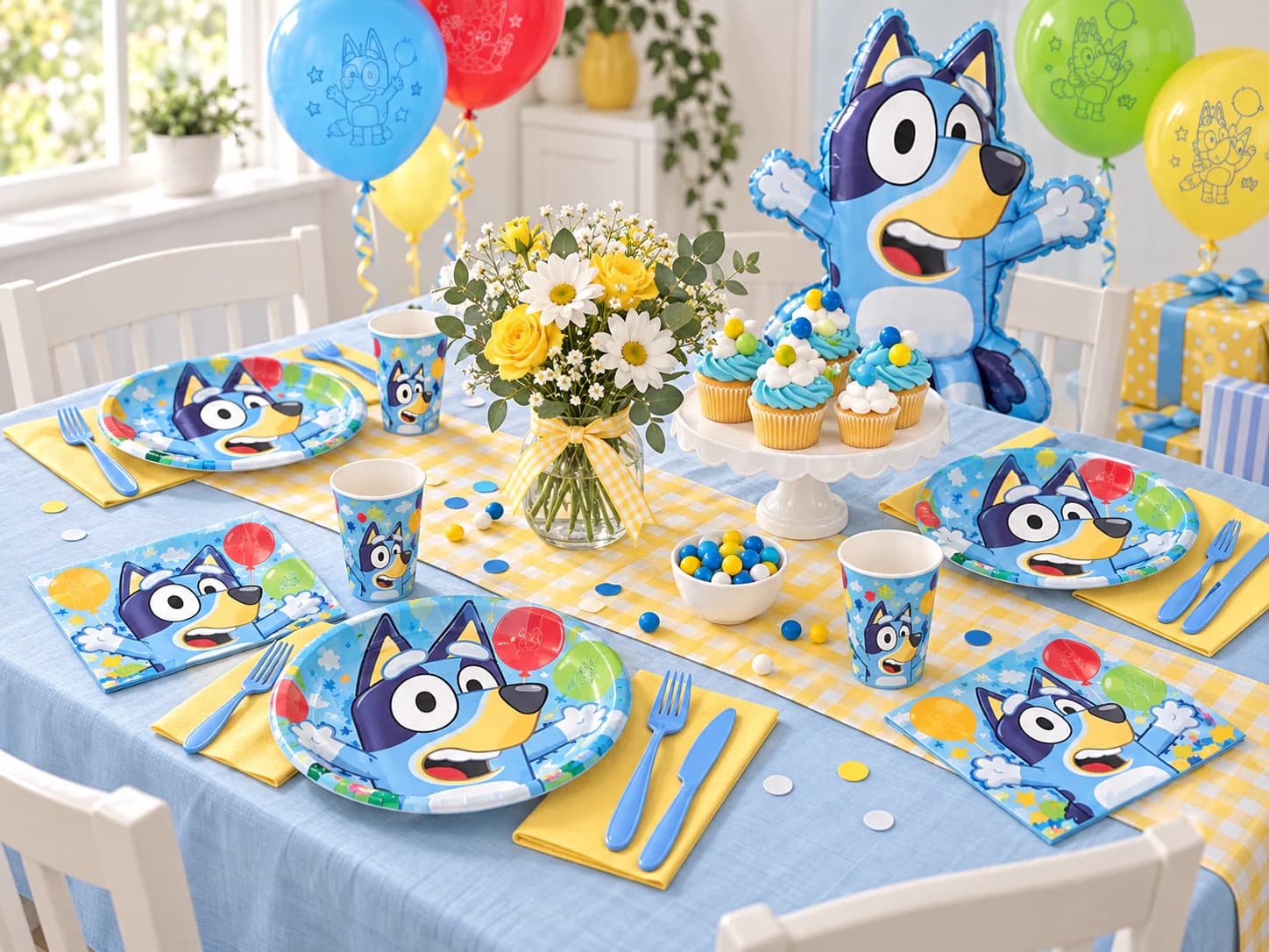 A complete licensed-character party table with coordinated plates, cups, napkins, balloons, cupcakes, and flowers