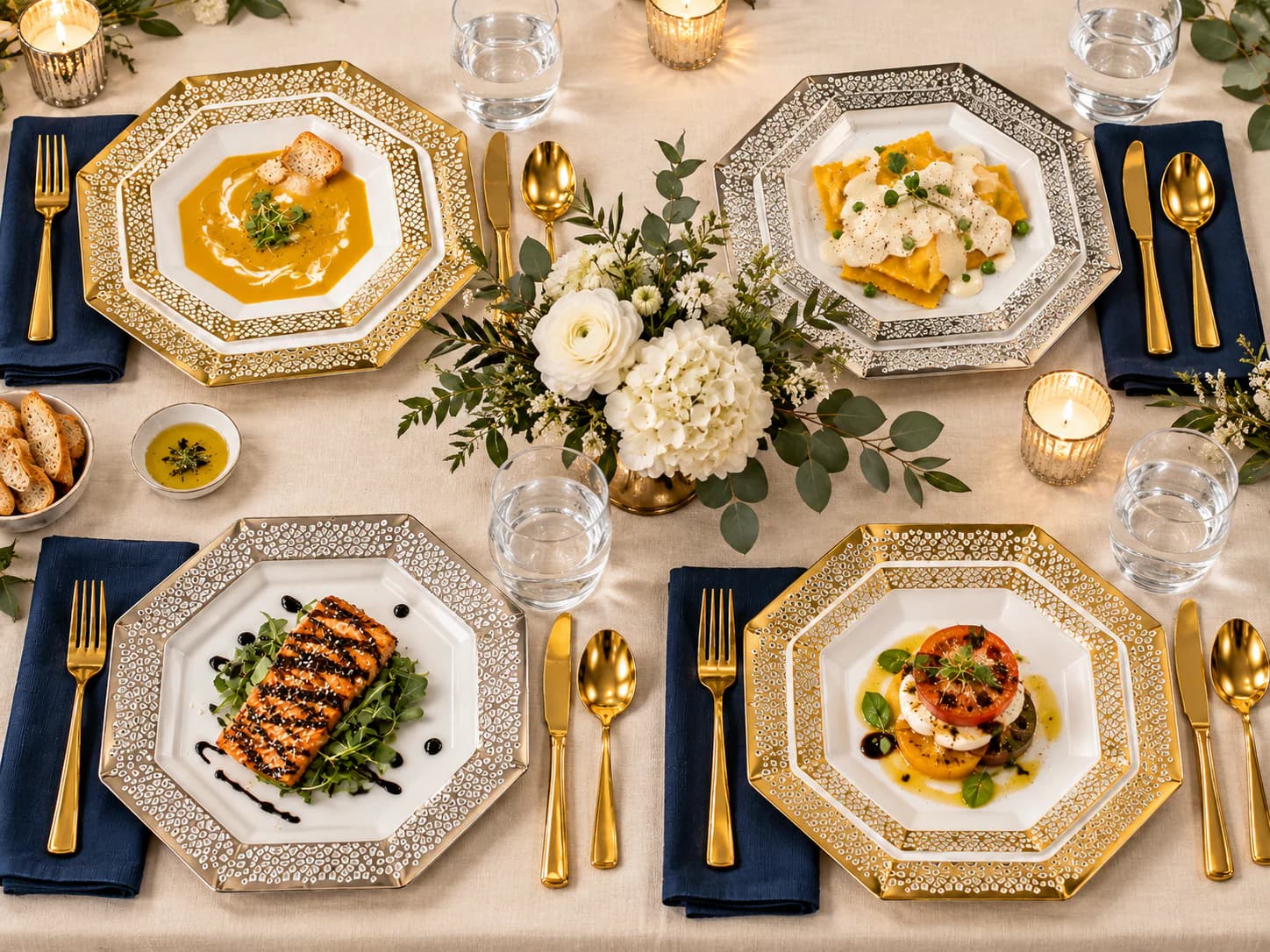 An elegant dinner party table set with gold and silver servingware, navy napkins, and flowers