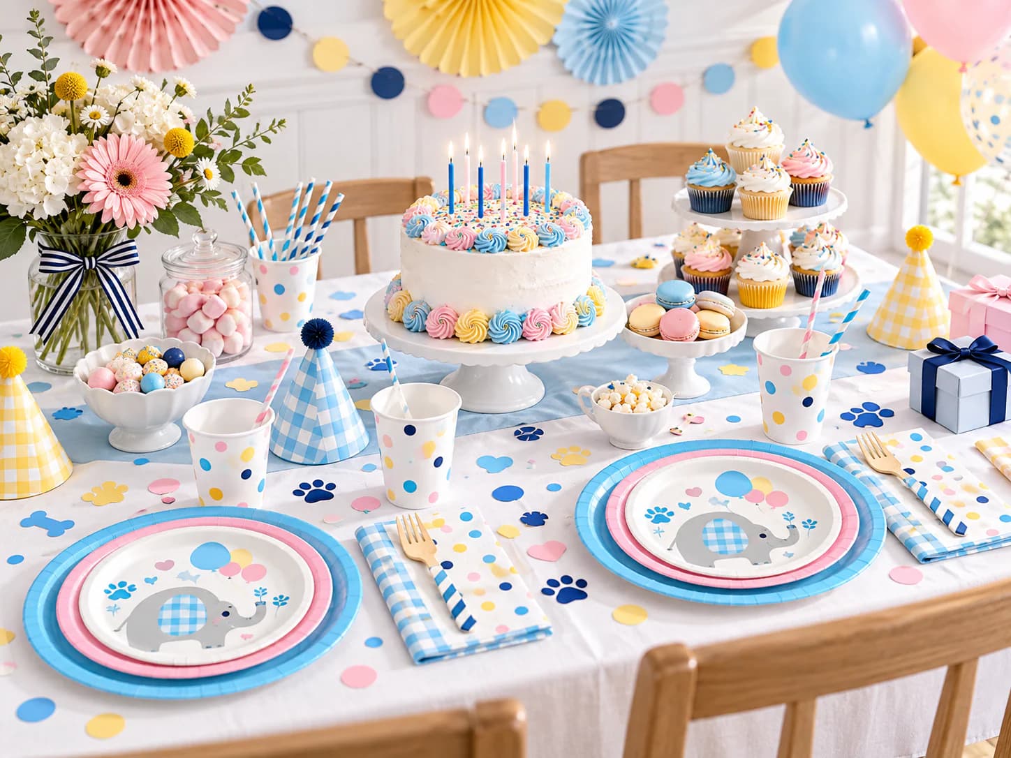 A complete pastel birthday table with coordinated plates, cups, hats, cake, balloons, and decorations
