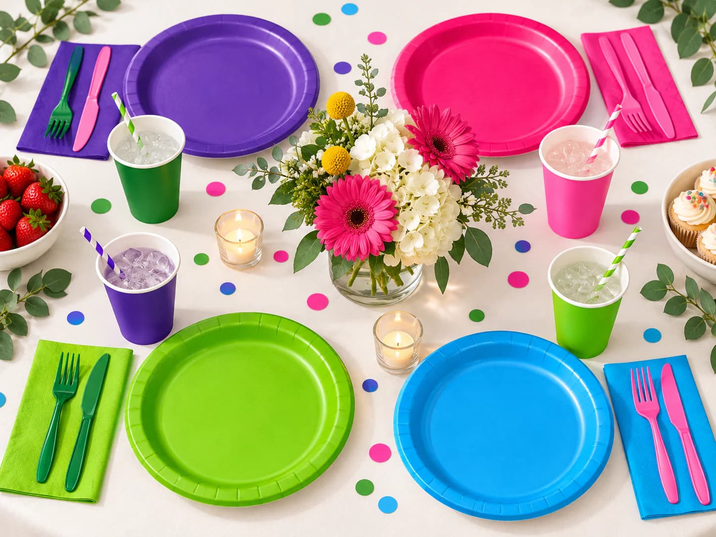 A colorful party table set with coordinated solid plates, cups, napkins, and cutlery