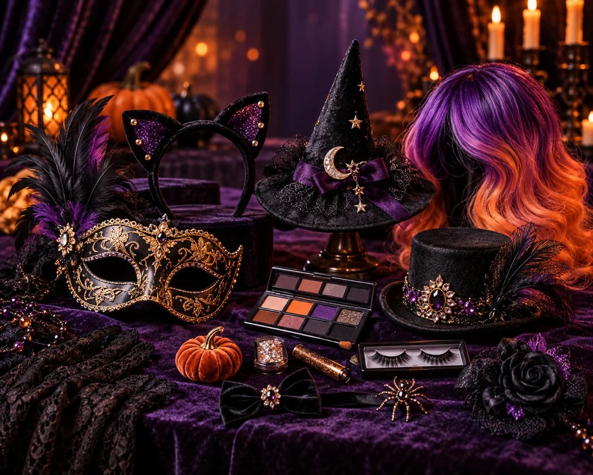 A curated Halloween costume collection with masks, hats, cat ears, makeup, and a colorful wig