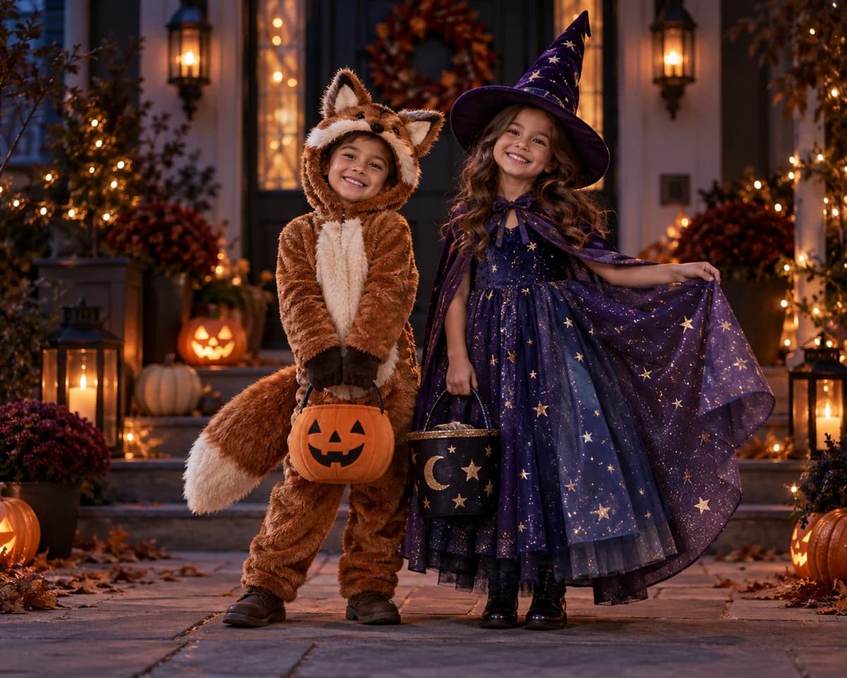 Two children dressed as a woodland animal and a magical witch on a warmly lit Halloween porch