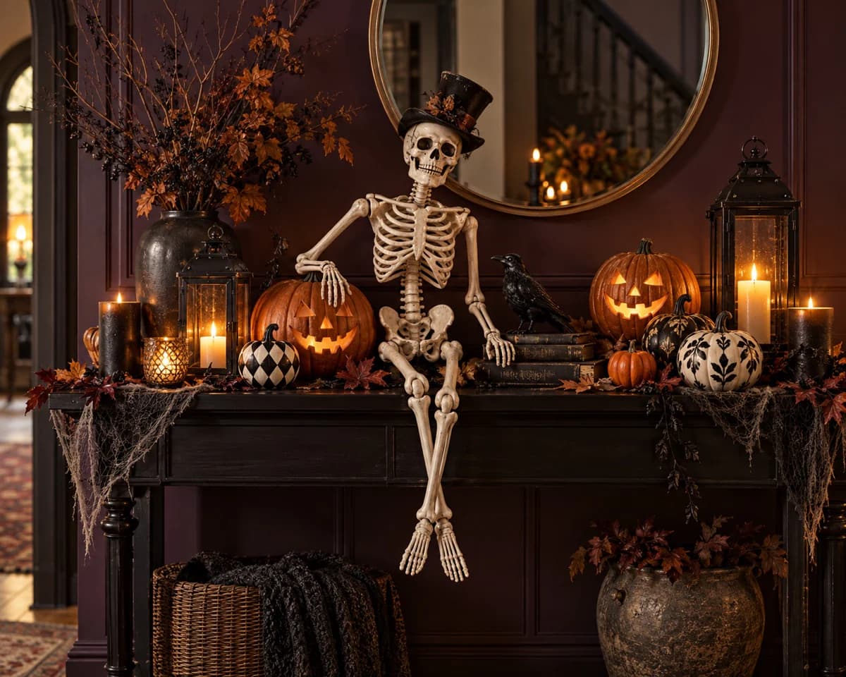 A stylish Halloween entryway decorated with a seated skeleton, glowing pumpkins, lanterns, and candles