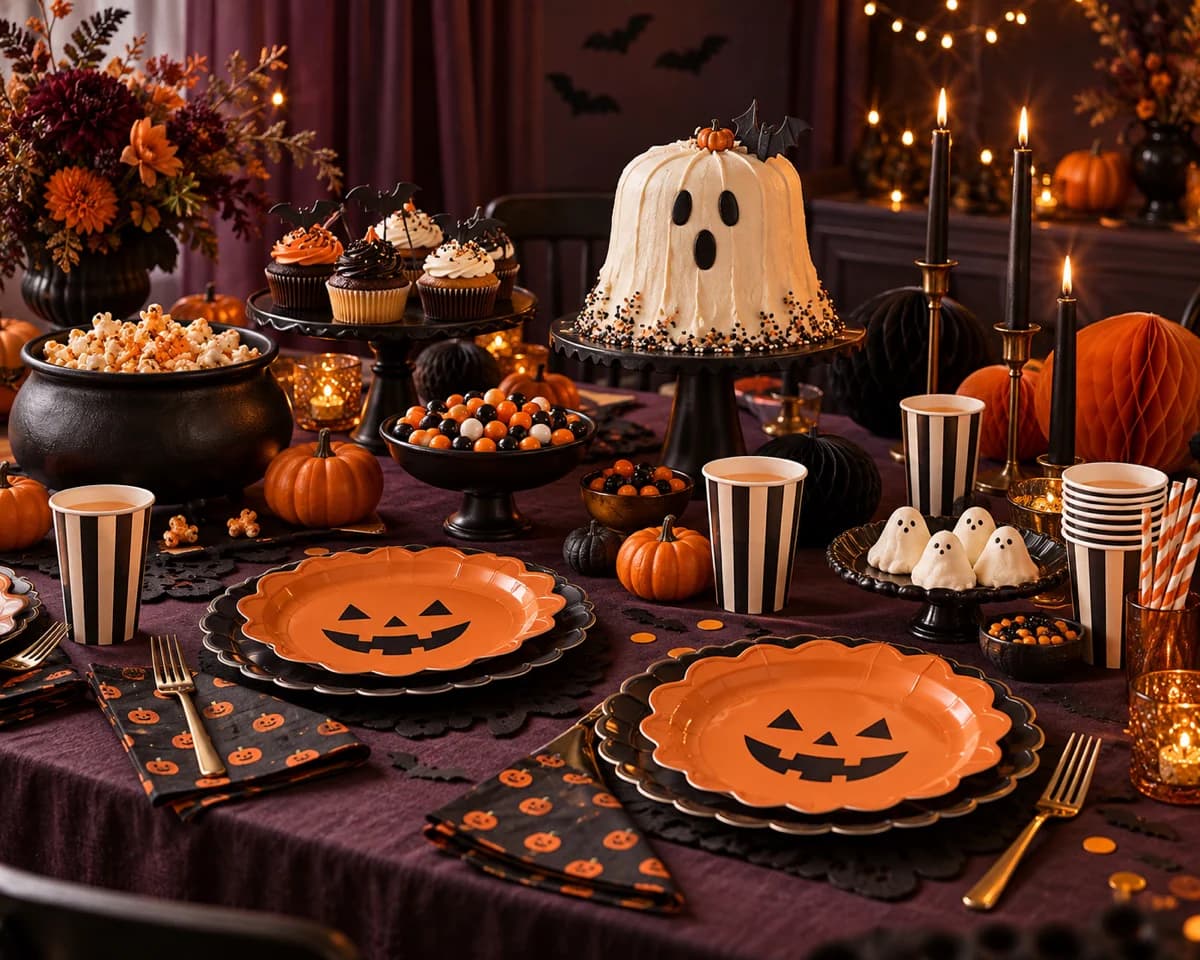 A coordinated Halloween party table with ghost cake, pumpkins, striped cups, treats, and candles