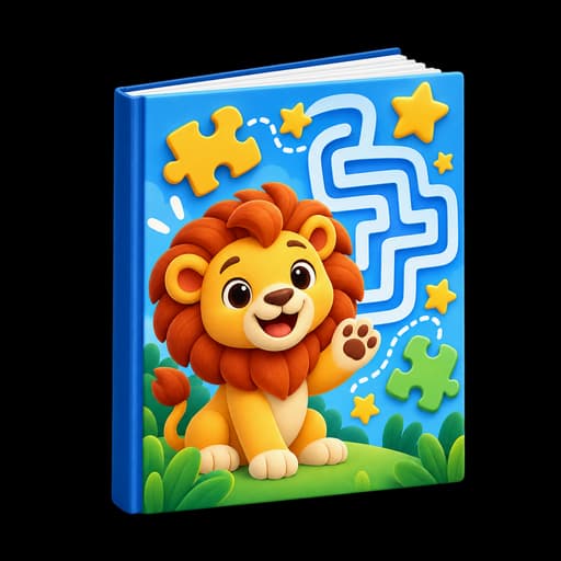 Blue children's activity book with a lion and maze