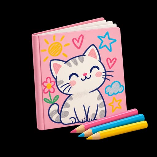 Pink children's coloring book with colored pencils