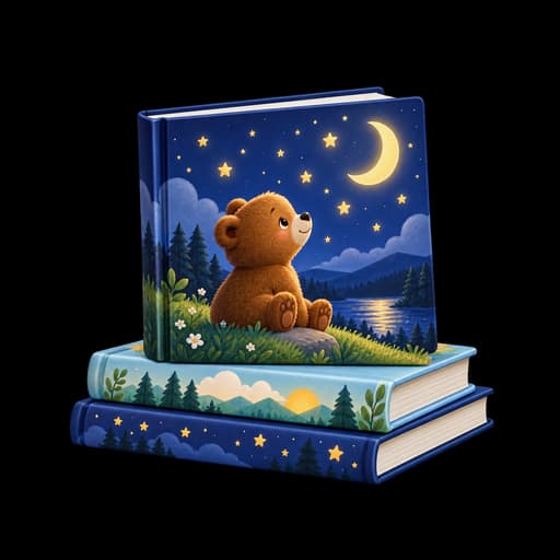 Stack of children's picture books with a bedtime bear story