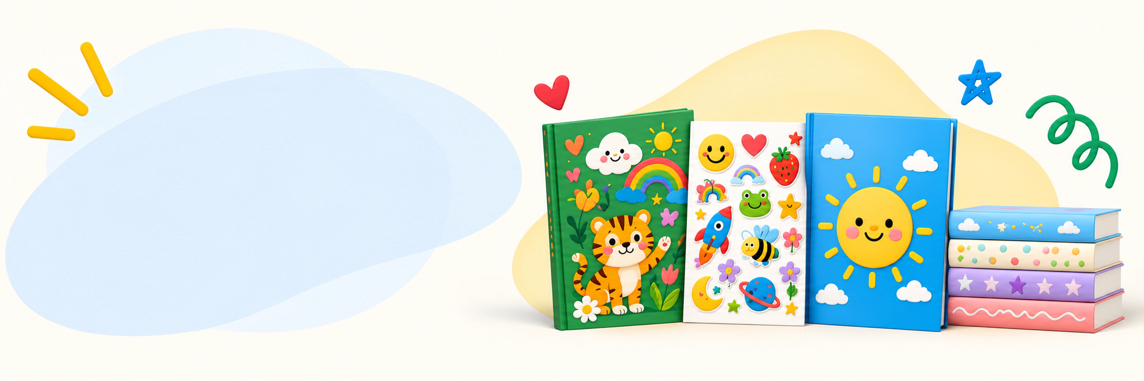 Colorful sticker books, activity books, and children's books