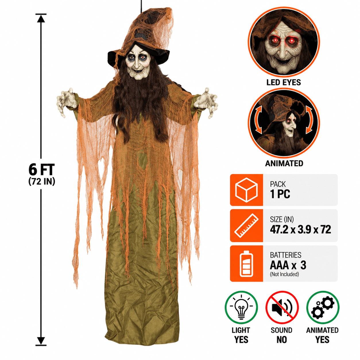 6" Hanging Animated Witch Decoration, Motion & Sound Animatronic Prop