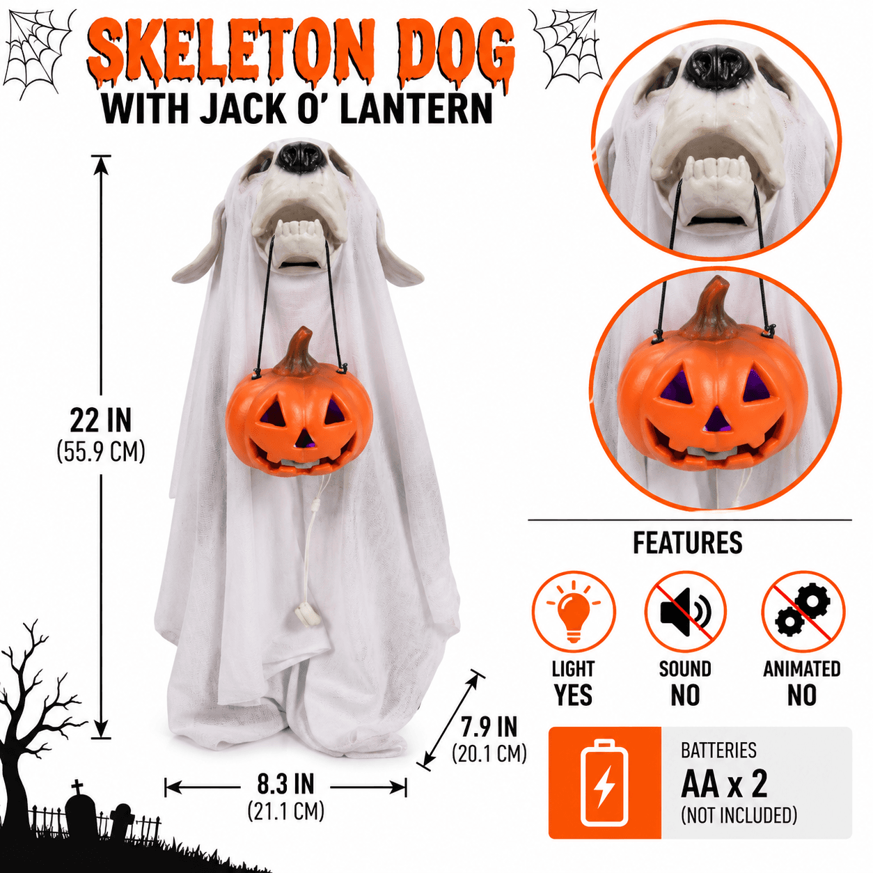 22" Skeleton Dog with Light-Up Jack-o'-Lantern, LED Halloween Prop Decor