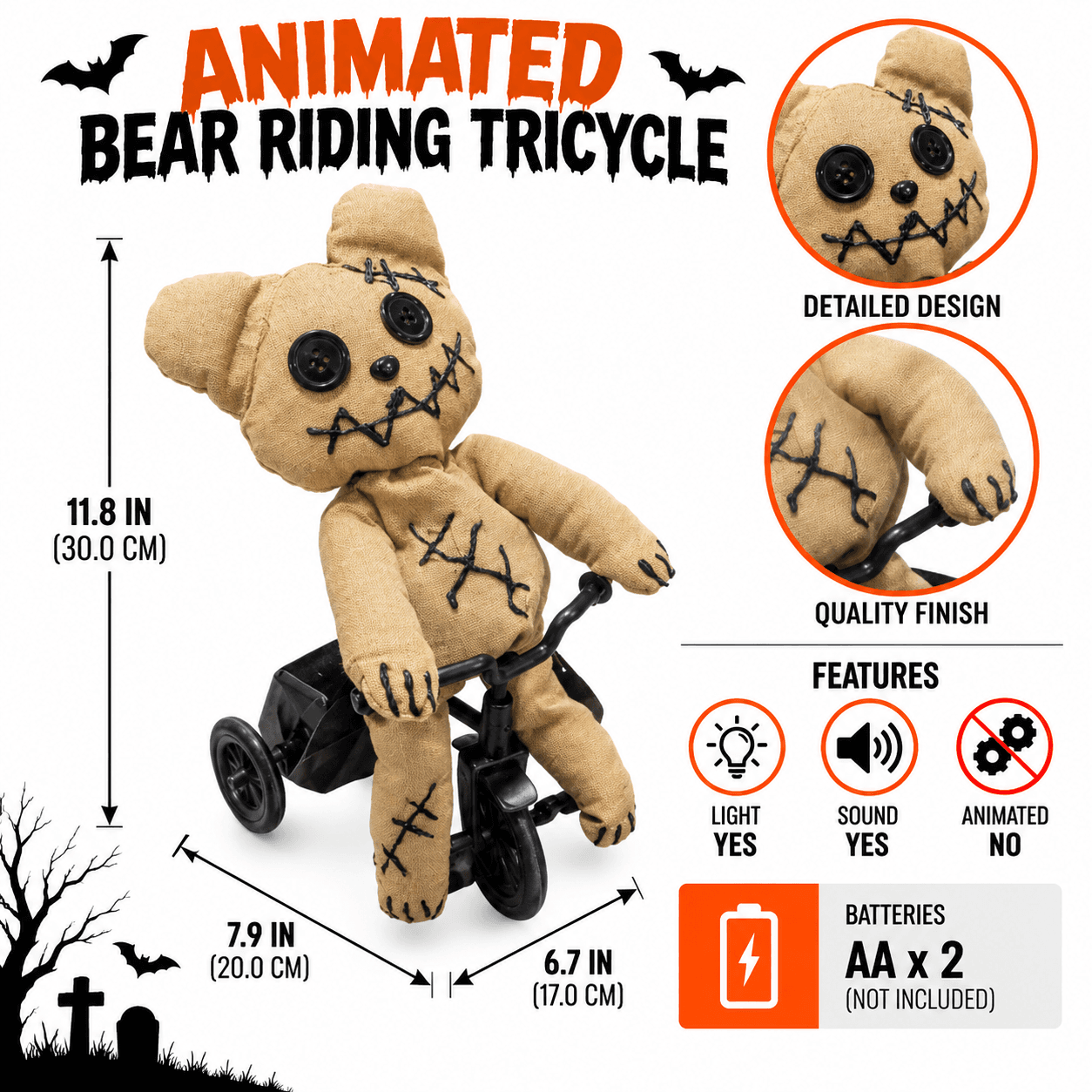 Animated Bear Riding Tricycle, Sound & Motion Halloween Animatronic Prop