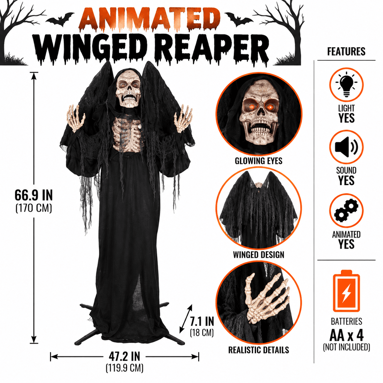5.57 ft Standing Animated Winged Reaper, Light-Up Sound & Motion Animatronic Prop