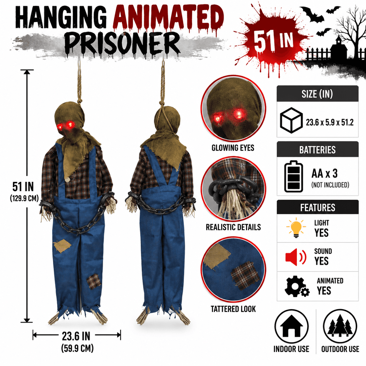51" Hanging Animated Prisoner, Light-Up Sound & Motion Animatronic Prop