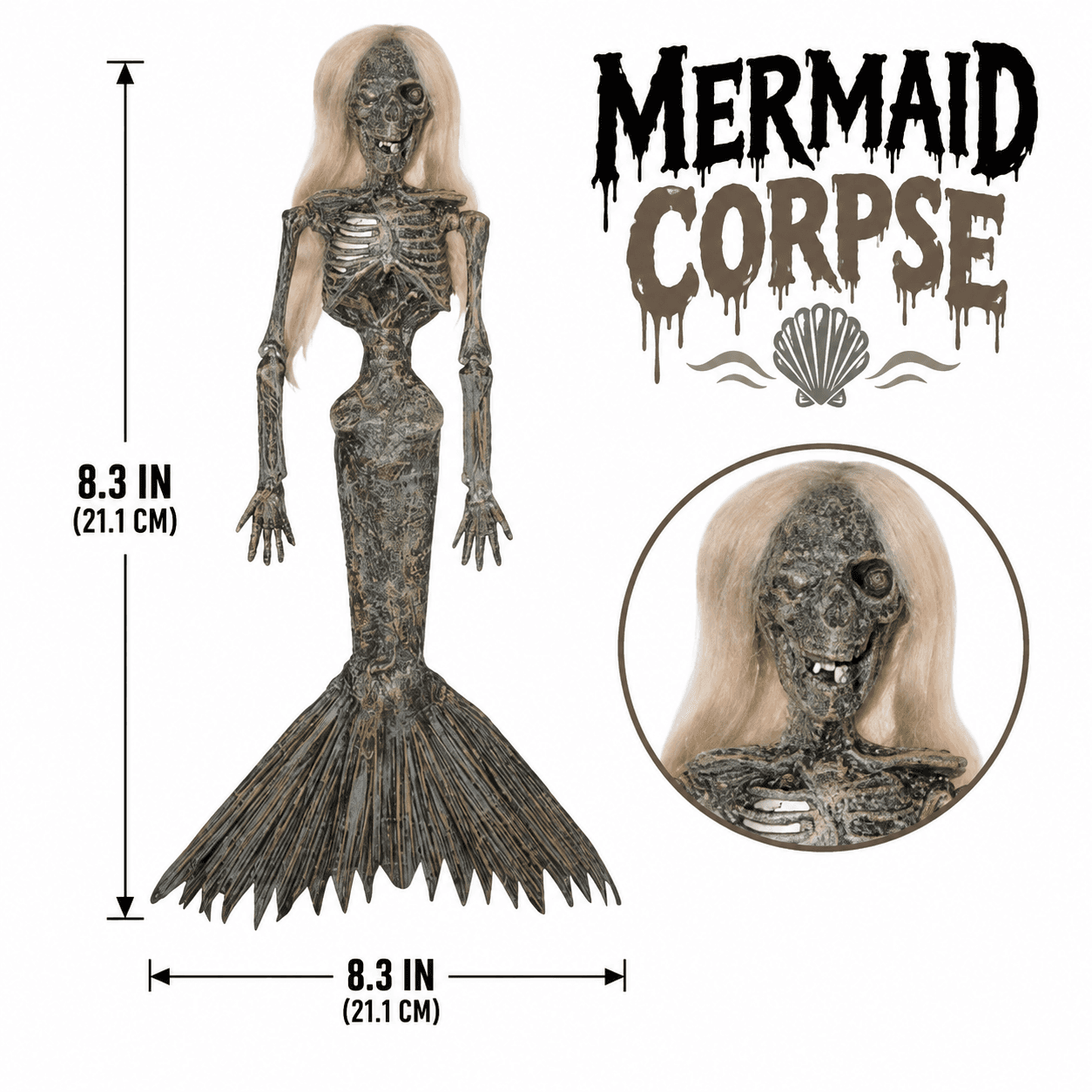 8.3" Mermaid Corpse Halloween Decoration, Skeleton Creature Prop Decor