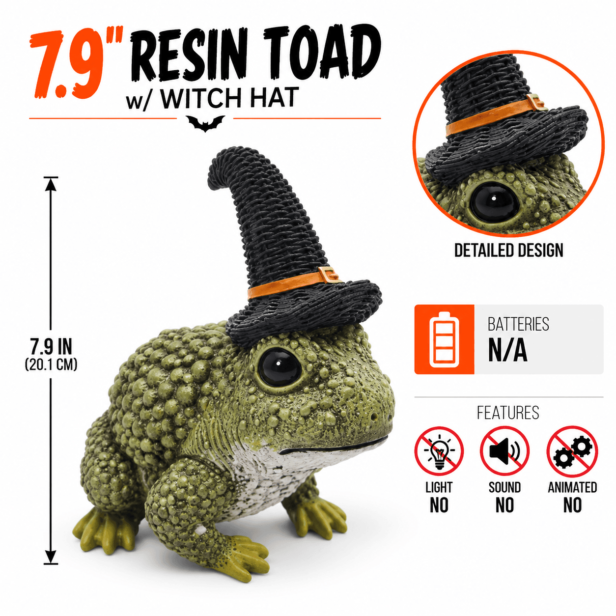 7.9" Resin Toad with Witch Hat, Tabletop Halloween Statue Decoration