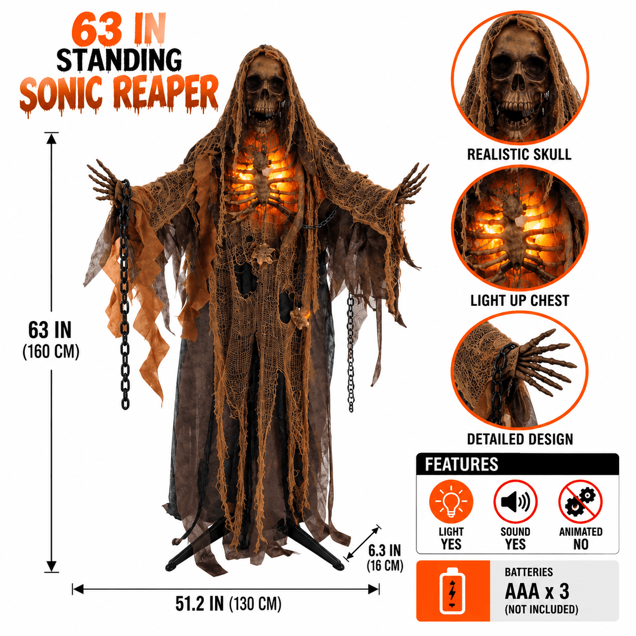 63" Standing Sonic Reaper, Sound-Activated Motion Halloween Prop