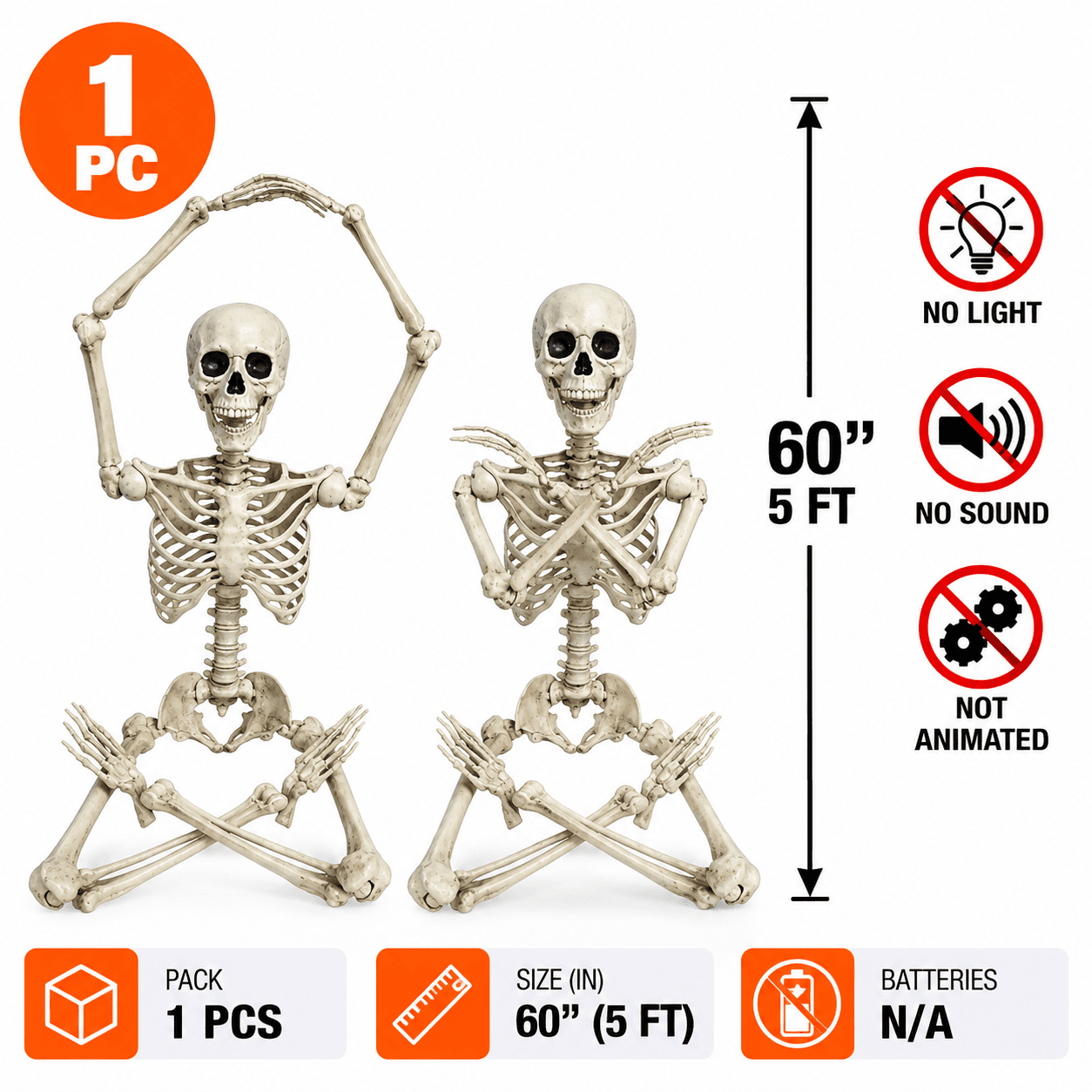 5 Ft Poseable Full-Size Halloween Skeleton Decoration, Life-Size Prop
