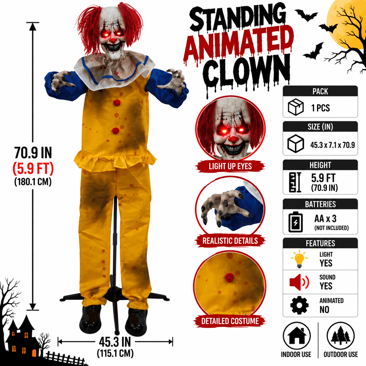 5.9ft Standing Animated Clown, Sound & Motion-Activated Light-Up Animatronic Prop