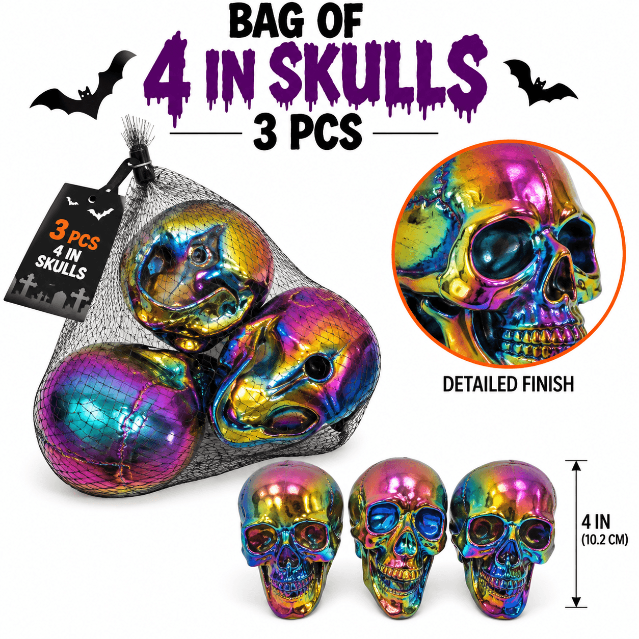 4" Bag of Skulls (3 ct), Plastic Skeleton Head Halloween Props