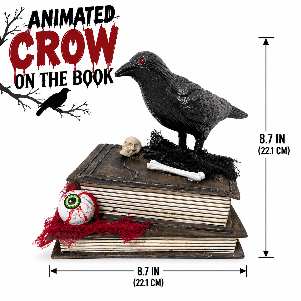 8.7" Animated Crow On the Book, Light-Up Sound Prop Decor
