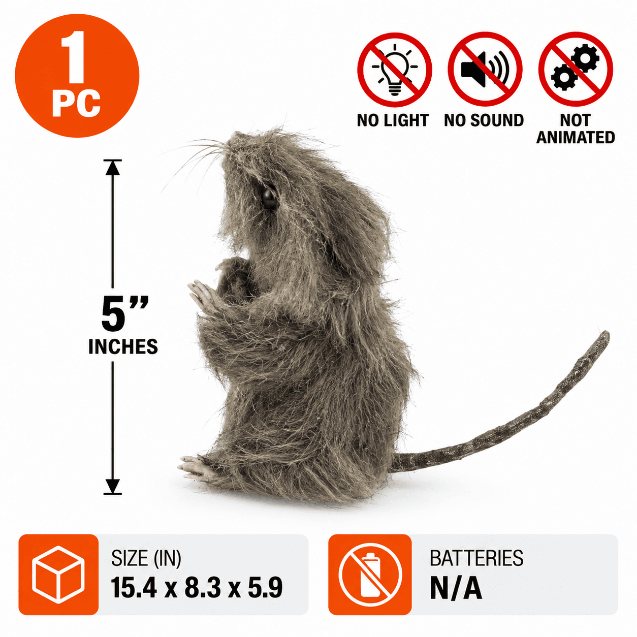 5" Furry Rat Halloween Decor (1 ct), Creepy Animal Prop