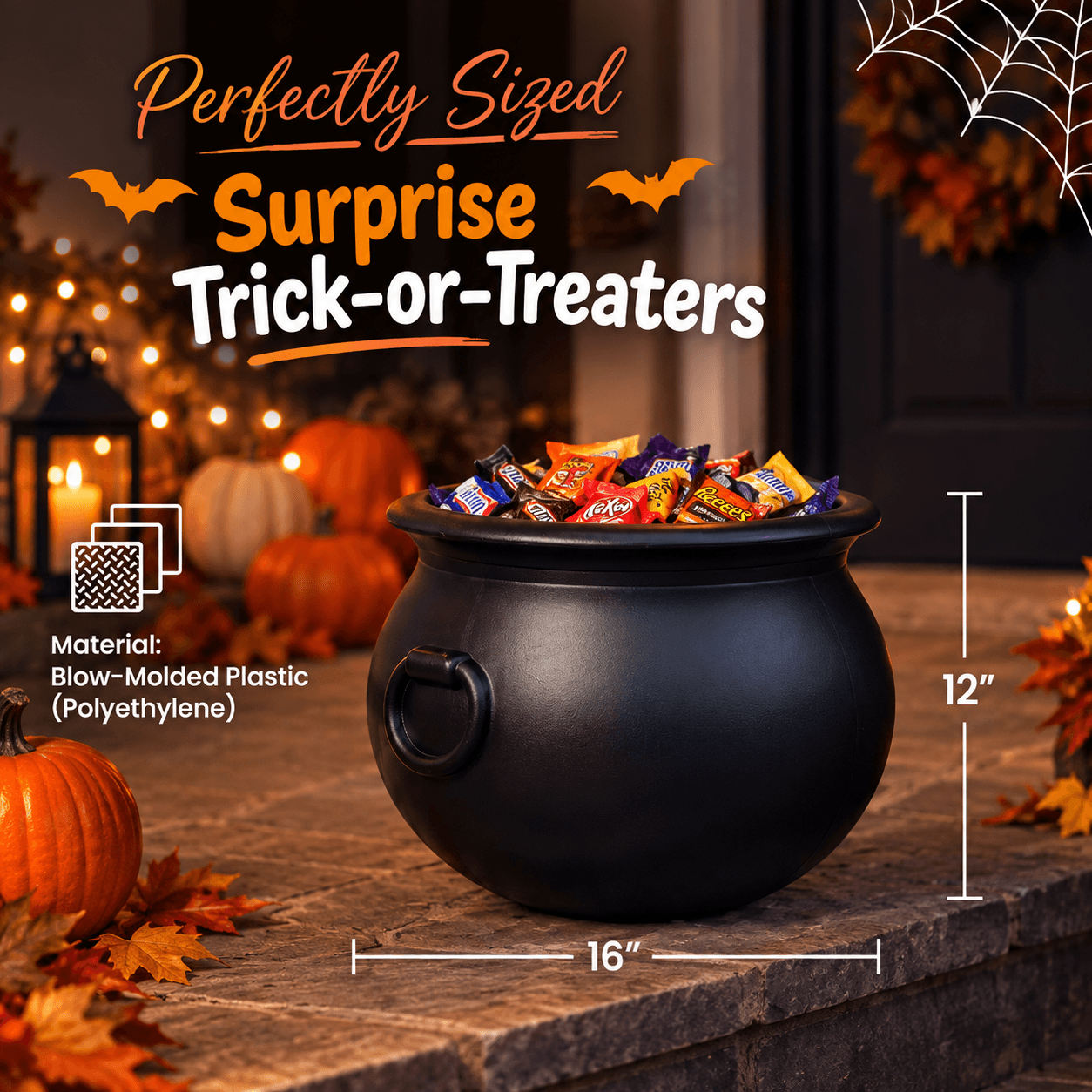 16" Black Spooky Witch Cauldron for Indoor and Outdoor