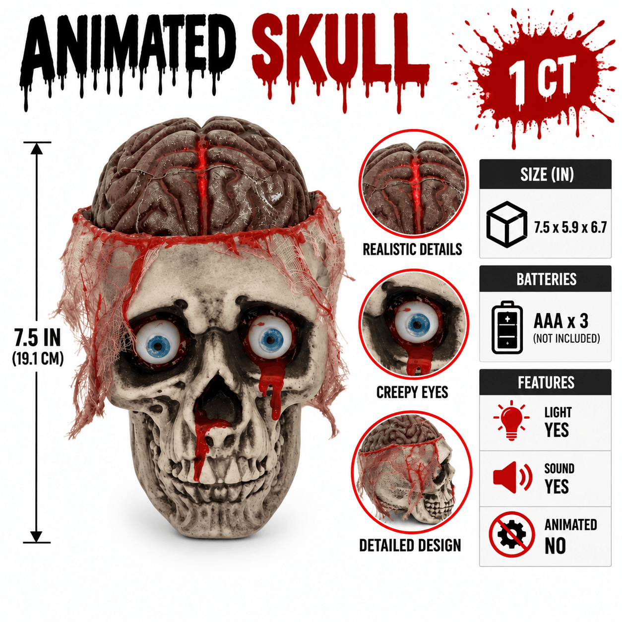 7.5" Animated Skull, Light-Up Sound & Motion Halloween Prop Decor