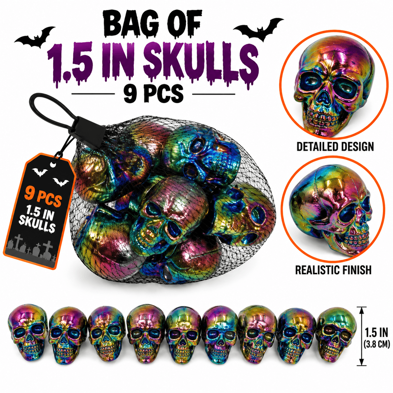 1.5" Bag of Skulls (9 ct), Mini Plastic Skeleton Head Halloween Props