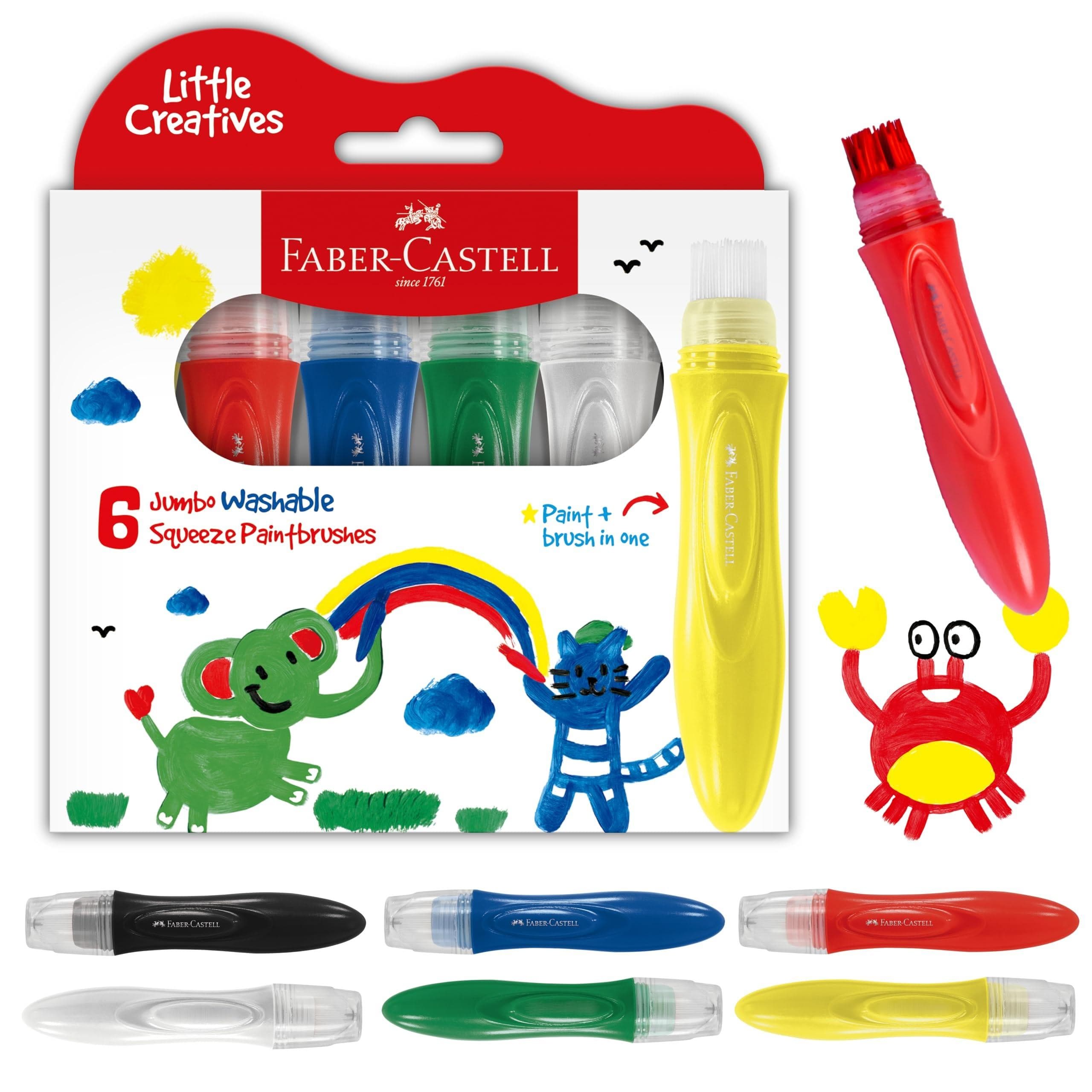 Faber-Castell Little Creatives Jumbo Squeezing Paint Brushes, 6 Colors, Paint Sticks for Kids Washable, Toddler Art Supplies, Non Toxic Paint and Brush in One