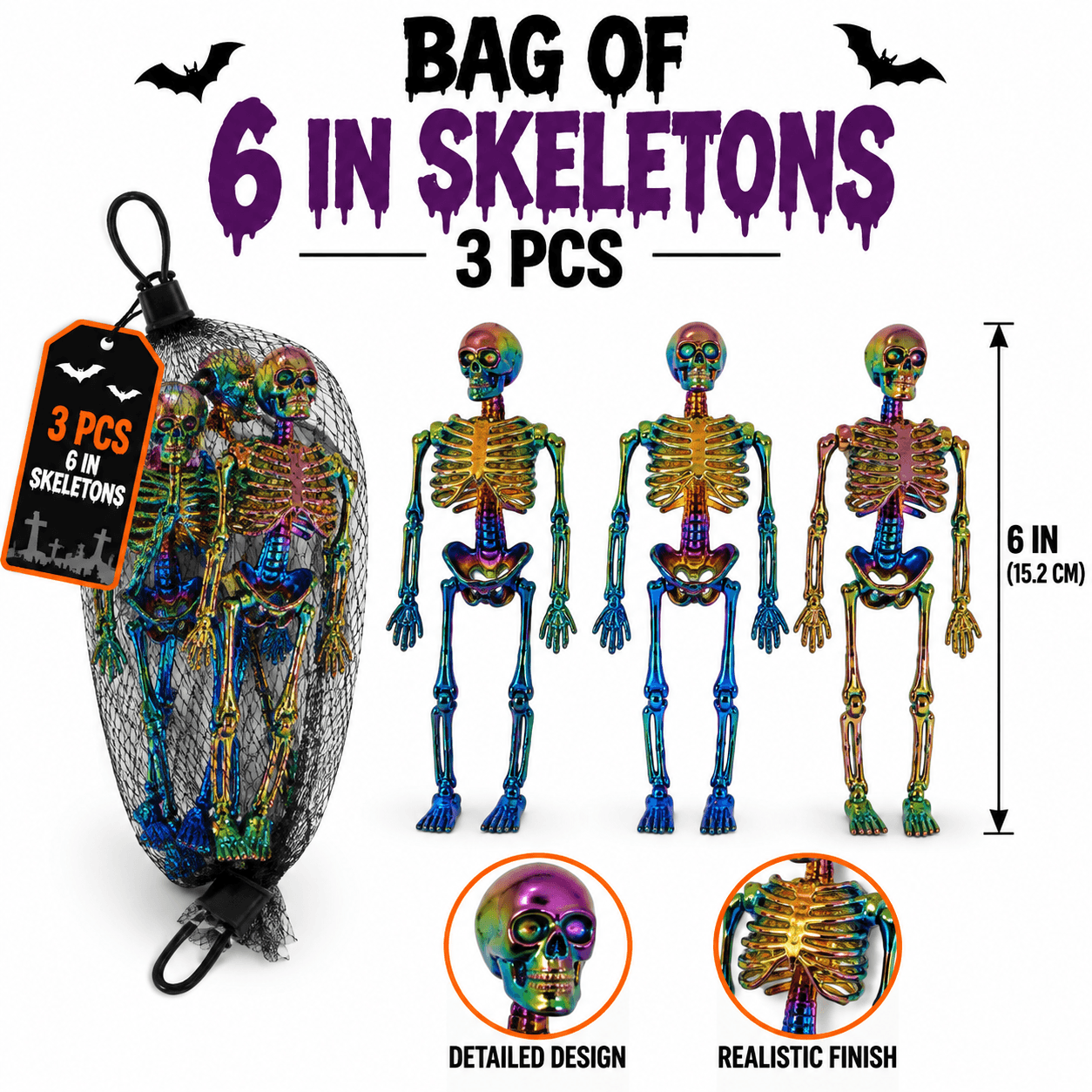 6" Bag of Skeletons (3 ct), Mini Plastic Skeleton Halloween Props