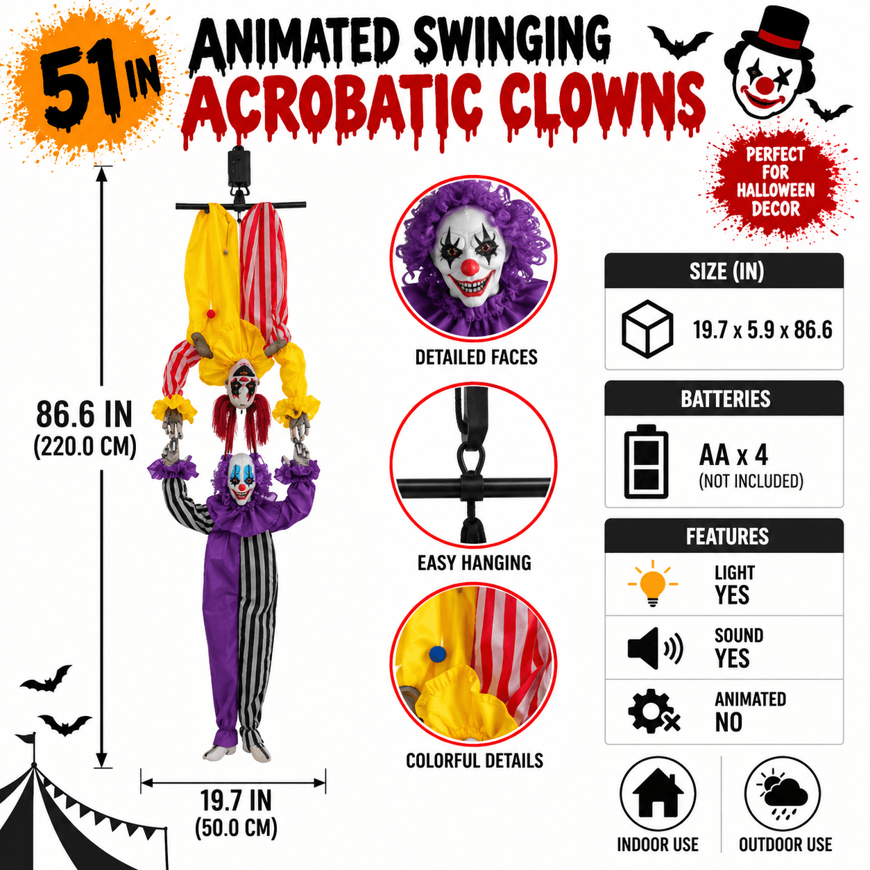 51" Animated Swinging Acrobatic Clowns, Sound-Activated Light-Up & Motion Animatronic Prop