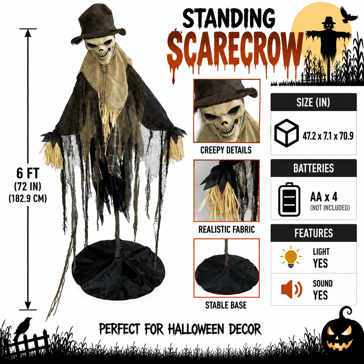 6 ft Standing Animated Scarecrow, Light-Up Sound & Motion Animatronic Prop